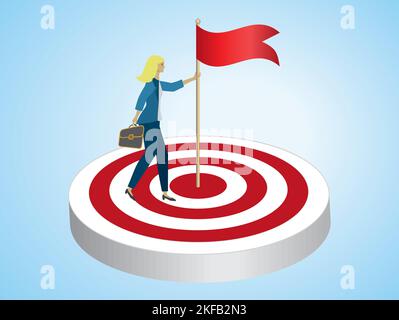 Donna ha messo giù la bandiera nell'occhio del toro sul dartboard. Illustrazione vettoriale. Illustrazione Vettoriale