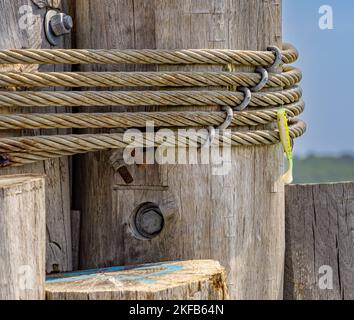 esca da pesca catturata su un palazzamento di legno Foto Stock