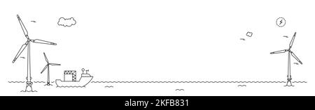 Fattoria di turbina eolica. Banner Web in stile Line art. Illustrazione Vettoriale