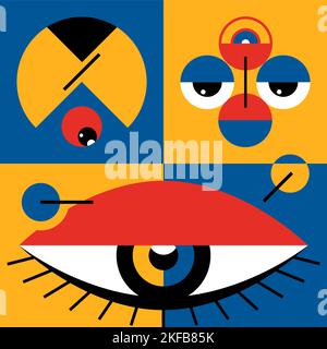 Bauhaus poster geometrici. Geometria astratta con forme, linee e occhi diversi. Illustrazione Vettoriale