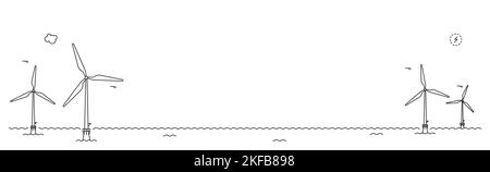 Fattoria di turbina eolica. Disegno bordo in stile disegno linea. Energia intelligente amd ecologica. Illustrazione Vettoriale