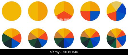 Icone del grafico a torta circolare. Diagramma a colori con 10 sezioni. Illustrazione vettoriale isolata su sfondo bianco Illustrazione Vettoriale