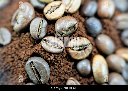 Chicchi, semi e caffè macinato della pianta di Coffea e la fonte di caffè. È il pipa all'interno del frutto rosso o viola spesso indicato come caffè Foto Stock