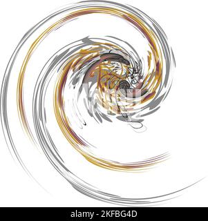 Forma a vortice in tonalità oro-grigio-rosso-nero isolato sul bianco. Splash a spirale per tessuti, loghi, emblemi, etichette, copertine, icone web, tatuaggi, tessuti Foto Stock