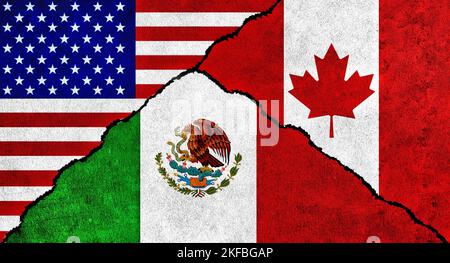 USA, Canada e Messico si bandierano insieme sul muro. Relazioni diplomatiche tra Stati Uniti d'America, Messico e Canada Foto Stock