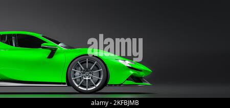 auto sportiva verde, vista laterale su sfondo scuro. rendering 3d Foto Stock