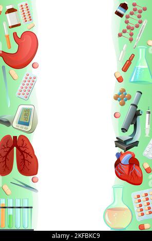 Medicina e trattamento. Telaio verticale su entrambi i lati. Soggetti di studio. Attrezzature e organi umani interni per il trattamento. Isolato su bianco Illustrazione Vettoriale