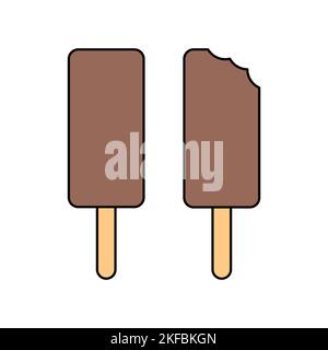 Set di icone linea gelato. Eskimo su un bastone. Gelato intero e morso isolato su fondo bianco Illustrazione Vettoriale