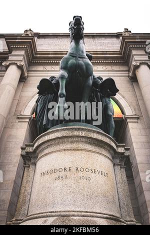 Un tiro verticale ad angolo basso della statua di Theodore Roosevelt a cavallo a New York City, New York Foto Stock