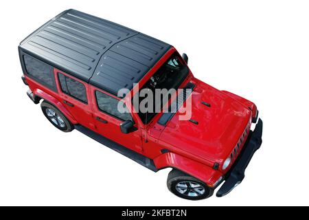 Vista isometrica dell'auto offroad rossa su sfondo bianco isolato dello studio Foto Stock
