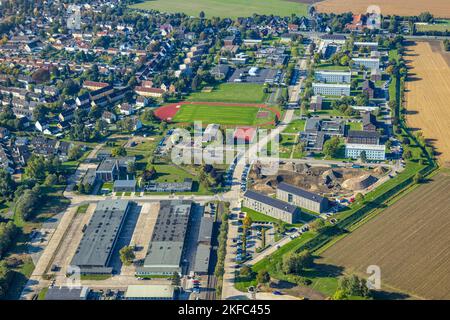 Vista aerea, caserma di Glückauf con cantiere, Königsborn, Unna, zona della Ruhr, Renania settentrionale-Vestfalia, Germania, lavori di costruzione, zona di costruzione, Foto Stock