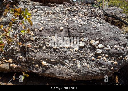 Rocce e arenaria incastonata depositate da fiumi lenti e inondazioni con conseguente conglomerato, a Nawurlandja Lookout. Foto Stock