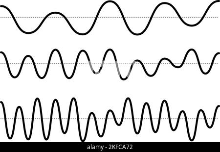 Segnali sinusoidi impostati. Collezione di onde sonore curve nere. Concetto di audio vocale o musicale. Linee di impulsi. Segnali radio elettronici con frequenza diversa Illustrazione Vettoriale