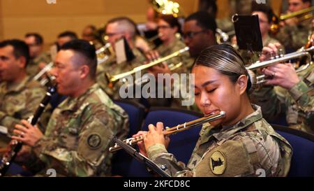 I soldati delle 229th e 287th bande dell'esercito statunitense suonano durante una cerimonia di cambio di comando all'auditorium Myer di Aberdeen Proving Ground, Maryland. Brig. Daryl O. Hood, il più recente comandante generale del 20th° comando chimico, biologico, radiologico, nucleare, esplosivo (CBRNE), Ha sostituito il Gen. Antonio V. Munera ed è diventato il nono generale comandante da quando l'unità è stata formata in 2004. Foto Stock