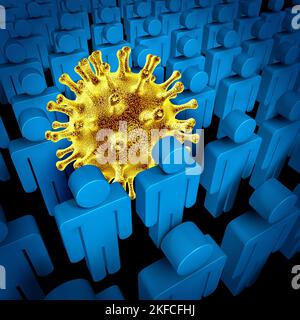 Nuovo virus nella comunità come un focolaio variante o subvariante patogeno infettivo in una folla di persone vulnerabili come un pericoloso ceppo influenzale medico Foto Stock