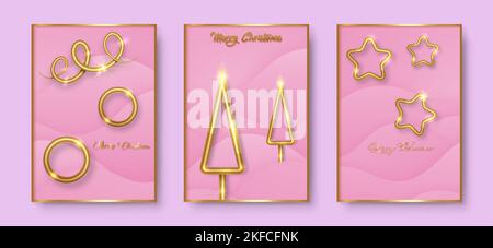 Set carte Merry Natale oro texture, elementi di lusso d'oro, carta rosa sfondo taglio per calendario e biglietti di auguri o Natale a tema inverno Illustrazione Vettoriale