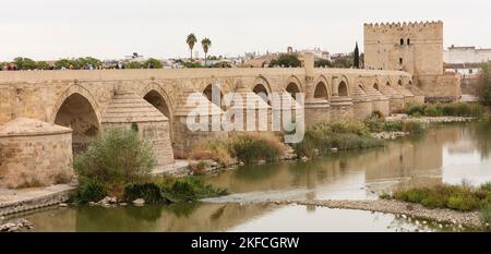 Vecchio ponte romano sul fiume Guadalquivir a Cordoba, Andalusia, Spagna Foto Stock