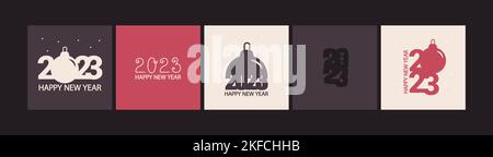 Set di 2023 biglietti d'auguri per il nuovo anno. Design minimalista. Vettore. Illustrazione Vettoriale