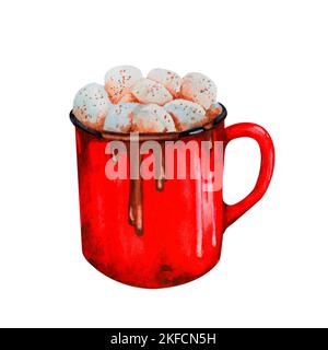 Tazza decorativa di bevanda calda con marshmallows. Tazza con cacao, cappuccino, cioccolata calda. Acquerello elemento disegnato a mano per cartolina di disegno, poster, p Foto Stock