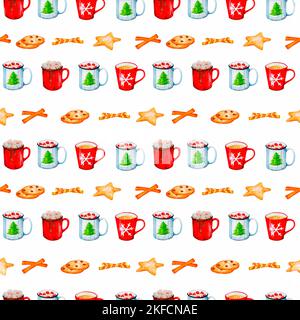 Tazze con bevande calde, biscotti e altri dolci. Motivo acquerello senza cuciture. Progettazione per l'imballaggio di carta, imballaggio, scrapbooking, cancelleria, tessile, f Foto Stock