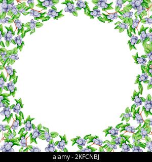 Struttura rotonda in rami con bacche nere. Illustrazioni acquerello per Natale, Capodanno, compleanno, matrimonio. Design per cartoline, invito Foto Stock
