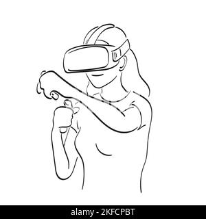 line art donna che gioca giochi con occhiali vr e joystick illustrazione vettore disegnato a mano isolato su sfondo bianco Illustrazione Vettoriale