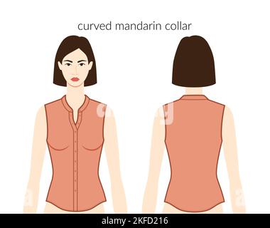 Collari curvi mandarino scollo, giacche abiti personaggio bella donna in terracota top, camicia, abito tecnico illustrazione moda, montato. Modello di abbigliamento piatto anteriore, posteriore. Donne, uomini Illustrazione Vettoriale