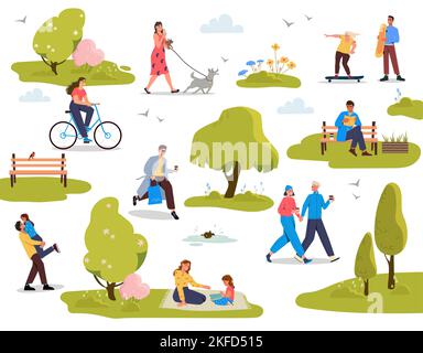 Gruppo di persone che trascorrono del tempo nel parco primaverile Illustrazione Vettoriale