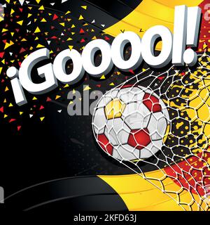 Parola GOOOOL in font bianco 3D accanto a una palla di calcio che segnano un gol su uno sfondo di bandiere belghe e coriandoli neri, gialli e rossi Illustrazione Vettoriale