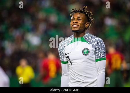 Lisbona, Portogallo. 17th Nov 2022. Samuel Chukwueze della Nigeria reagisce durante la partita di calcio amichevole tra il Portogallo e la Nigeria, allo stadio Jose Alvalade in vista della Coppa del mondo del Qatar 2022. (Punteggio finale: Portogallo 4 - 0 Nigeria) (Foto di Henrique Casinhas/SOPA Images/Sipa USA) Credit: Sipa USA/Alamy Live News Foto Stock