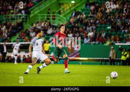 Lisbona, Portogallo. 17th Nov 2022. Joao Felix del Portogallo (R) e William Troost-Ekong della Nigeria (L) visti in azione durante la partita di calcio amichevole tra il Portogallo e la Nigeria, allo stadio Jose Alvalade in vista della Coppa del mondo Qatar 2022. (Punteggio finale: Portogallo 4 - 0 Nigeria) Credit: SOPA Images Limited/Alamy Live News Foto Stock