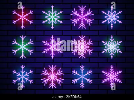 Set di fiocchi di neve al neon per la decorazione natalizia. Fiocchi di neve incandescenti al neon per le feste invernali. Raccolta di elementi o segni ofsjiny. Illustrazione Vettoriale