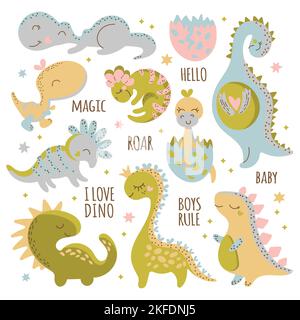 BABY DINO PERSONAGGI compleanno Flat Design Cartoon disegnato a mano cart carino animale Vector Illustrazione clip Art Set per la Stampa Illustrazione Vettoriale