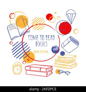 LIBRO FESTIVAL Bookstore Biblioteca concetto vettore Illustrazione studiare in Biblioteca Lovers of Letteratura studente Istruzione Fiera lettura Club World Book da Illustrazione Vettoriale