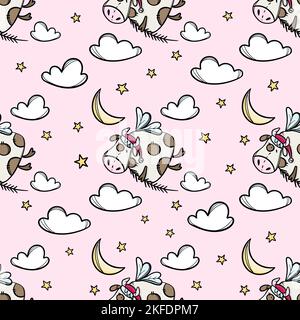 TORO NEL CIELO Cow nel volo con albero di Natale ramo anno nuovo Cartoon vacanza carino animale disegnato a mano senza cuciture modello Vector Illustrazione per Illustrazione Vettoriale