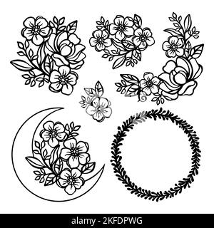 BUTTERCUP Monochrome Collection with Crescent from Buttercup and Rose wreaths and Bouquets openwork for Print Cartoon Floral clipart Vector Illustrat Illustrazione Vettoriale