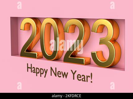 Concetto di nuovo anno. Numeri d'oro 2023 su sfondo rosa. rendering 3d Foto Stock