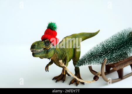 Buon Natale - divertente giocattolo t-rex dinosauro tirare la slitta con l'albero di Natale su di esso. Tyrannosaurus ha un cappuccio lavorato a maglia sulla sua testa. Foto Stock