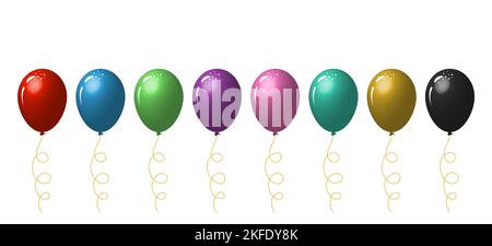 Mazzo di palloncini colorati per il compleanno e la festa in stile 3D. Ballon volante con corda. Illustrazione Vettoriale