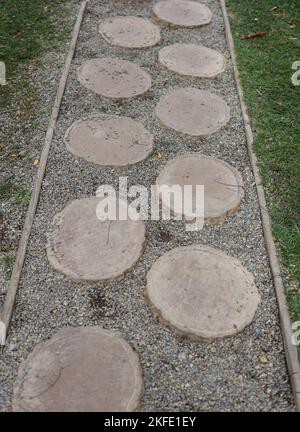 Percorso di pietre placcate su fondo di ghiaia. Architettura del giardino, accessorio sentiero per laghetto giardino. Passaggio in pietra che si snoda in giardino Foto Stock