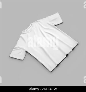 Beffa di una t-shirt bianca oversize con collo rotondo, presentazione diagonalmente, isolata sullo sfondo, vista frontale. Abbigliamento casual alla moda te Foto Stock