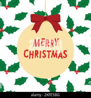 Illustrazione disegnata a mano del vettore di scrittura di Natale del Merry con sfondo di modello di foglie di bacche agrifoglio. Illustrazione Vettoriale