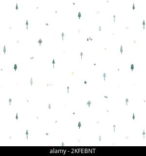 Modello vettoriale senza cuciture con graziosi alberi di Natale su sfondo bianco. Illustrazione del modello in stile cartoon minimale. Carta da parati astratta doodle. Illustrazione Vettoriale