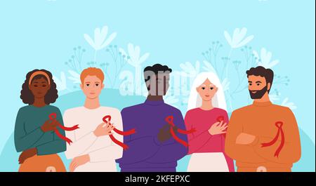 Giornata mondiale dell'AIDS. Un gruppo di persone di diverse nazionalità con nastri rossi, simbolo della lotta contro l'HIV. Illustrazione vettoriale Illustrazione Vettoriale