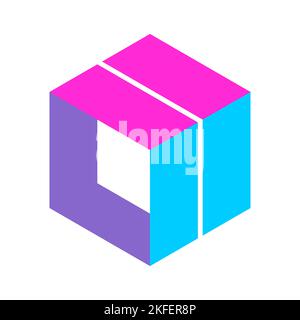 Logo cubo colorato con lettera L. forma isometrica esagonale. Concetto di costruzione e costruzione. Blu, viola e rosa geometrico giocoso 3D quadrato. Illustrazione Vettoriale