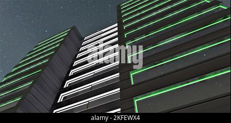 Vista dal basso della facciata illuminata di un edificio residenziale ordinario di notte. Una buona illustrazione per la pubblicità della vendita di appartamenti in Euro Foto Stock