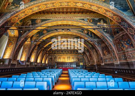 La Sala dei Notari è un'ampia sala rettangolare affrescata nel Palazzo dei Priori di Perugia. Perugia, Umbria, Italia, Europa Foto Stock