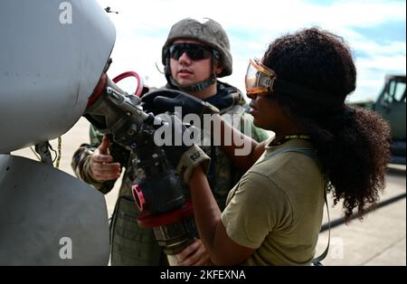 U.S. Air Force Senior Airman Konadu Owusufrempeh, 8th manutenzione Squadron crash recovery journeyman, collega una manichetta carburante a un A-10 Thunderbolt II assegnato al 25th Fighter Squadron, 51st Fighter Wing, Osan Air base, Repubblica di Corea (ROK), durante un evento di formazione a Kunsan AB, ROK, 14 settembre 2022. Allarme transitorio Airmen assiste tutti gli aerei in visita e sostiene il movimento di avanzamento dei partner di missione non solo a Kunsan ma a livello globale. Foto Stock