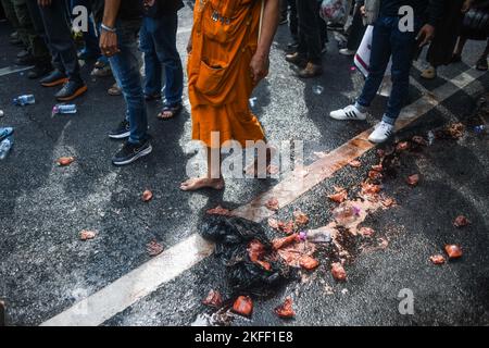 Thailandia. 18th Nov 2022. Un monaco che cammina durante un gruppo di attivisti politici che si chiamano "Ratsadon stop APEC 2022" hanno spostato le loro truppe fuori dalla piazza della città. Di fronte al Municipio di Bangkok (Bangkok) è stato utilizzato come luogo per stabilirsi e sedersi a partire dal 16 novembre 2022, prima di raggiungere a piedi la sede del vertice APEC. Per inviare una lettera ai leader di varie nazioni che partecipano all'incontro. (Foto di Vichan Poti/Pacific Press) Credit: Pacific Press Media Production Corp./Alamy Live News Foto Stock