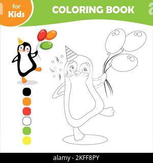 Libro da colorare per bambini. Pinguino carino in stile di compleanno e di vacanza Illustrazione Vettoriale